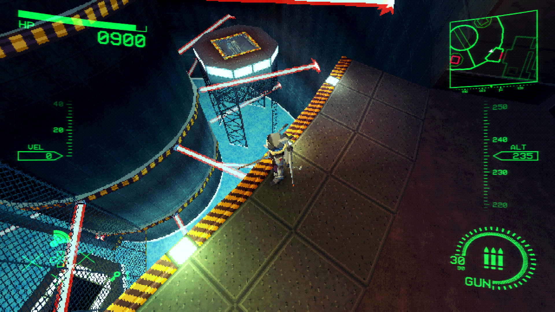 The player looks down a large circular three-story vertical corridor with platforms floating above a blue lava ravine. Red lasers spiral out from a central structure.