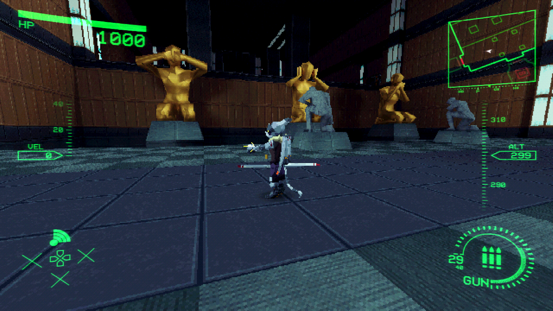 The player stands in the middle of a massive room with a tall ceiling. Gold and stone humanoid statues kneel at each other.