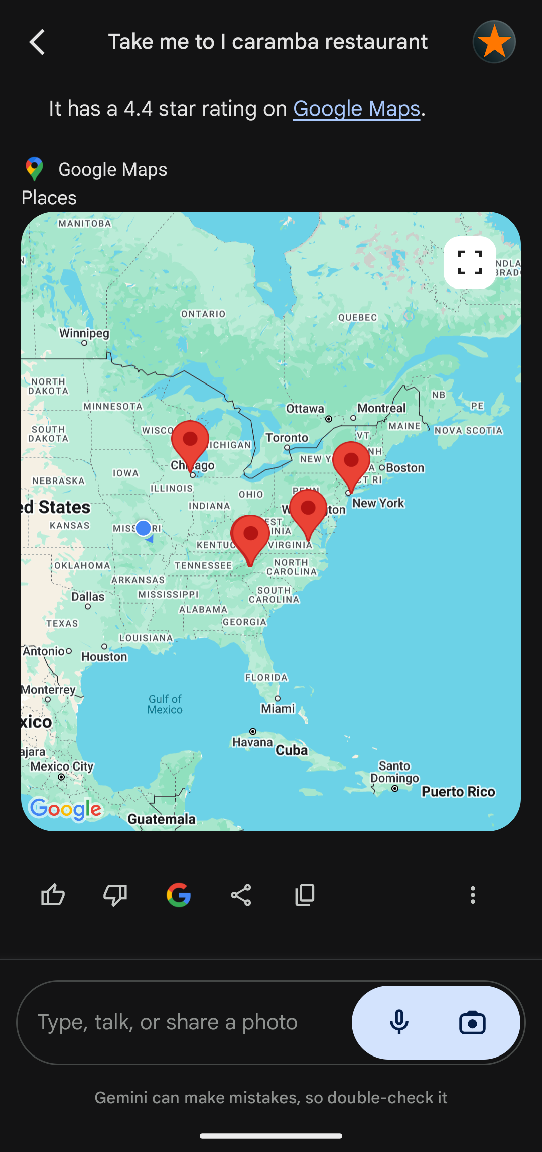 A Google Maps image provided by Gemini. The user is in Missouri, and all map pins are several states away.