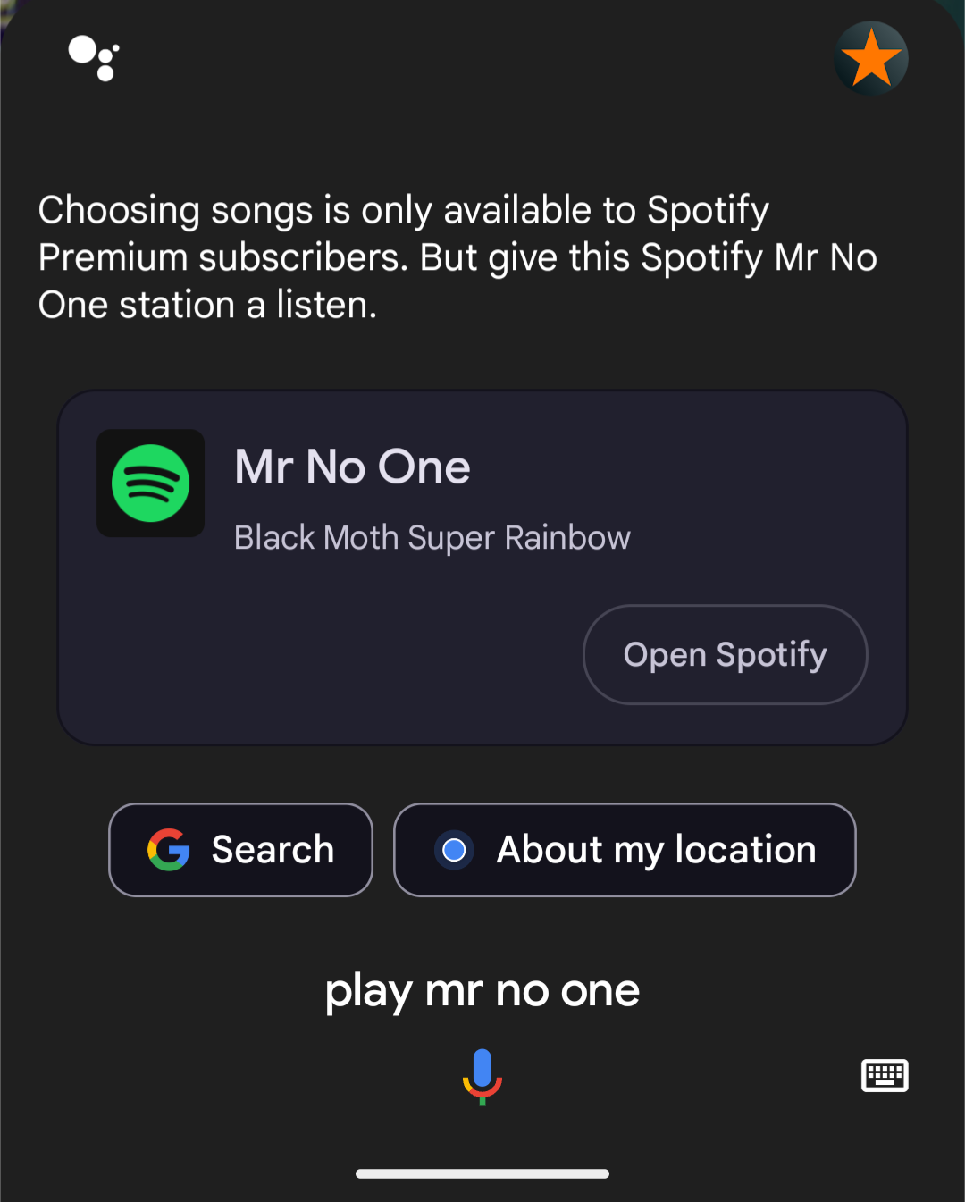 User: Play Mr. No One. Assistant: Choosing songs is only available to Spotify Premium subscribers, but give this Spotify Mr. No One station a listen.