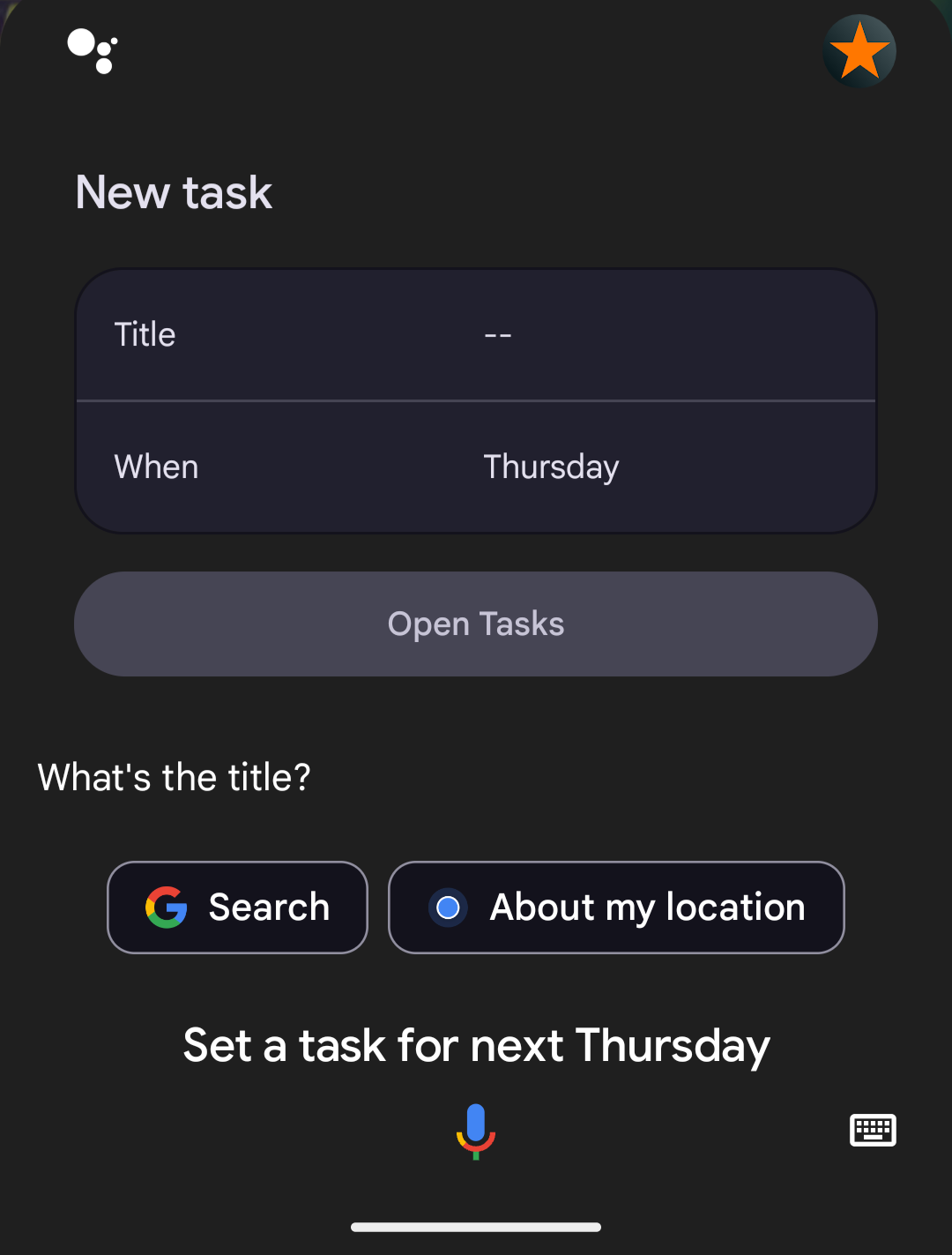 User: Set a task for next Thursday. Gemini, showing a dialog: New task. What's the title?