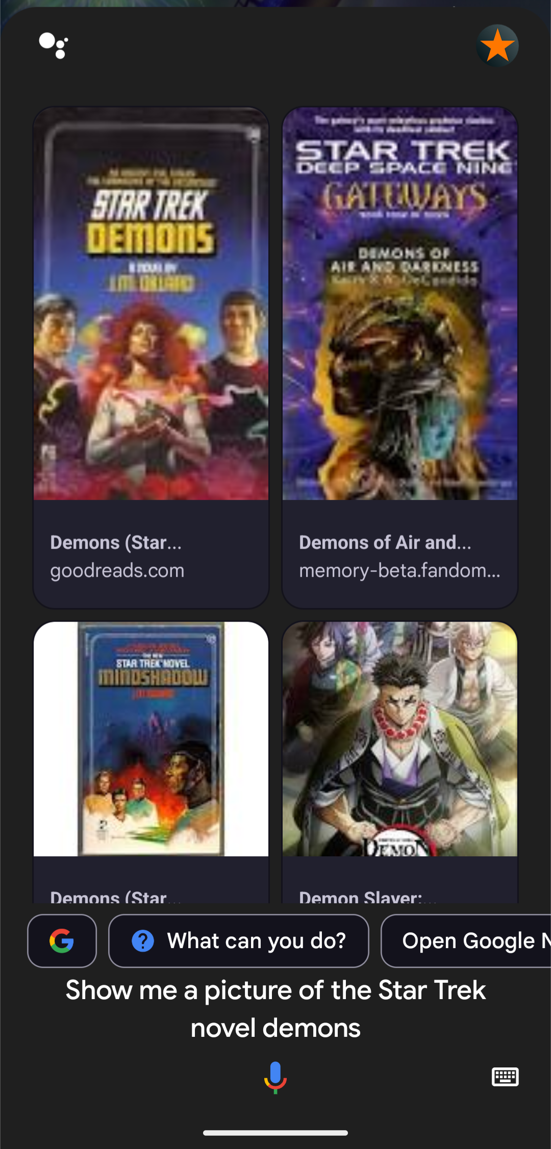 User: Show me a picture of the Star Trek novel "Demons". Assistant is showing a grid of relevant images.