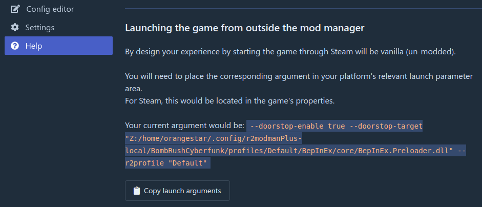 r2modman instructions on launching a game from outside the mod manager.