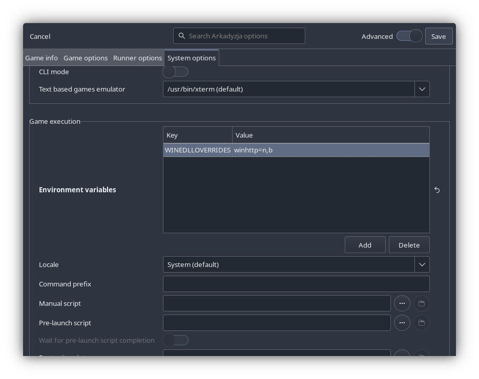 A screenshot of Lutris's System Options dialog.