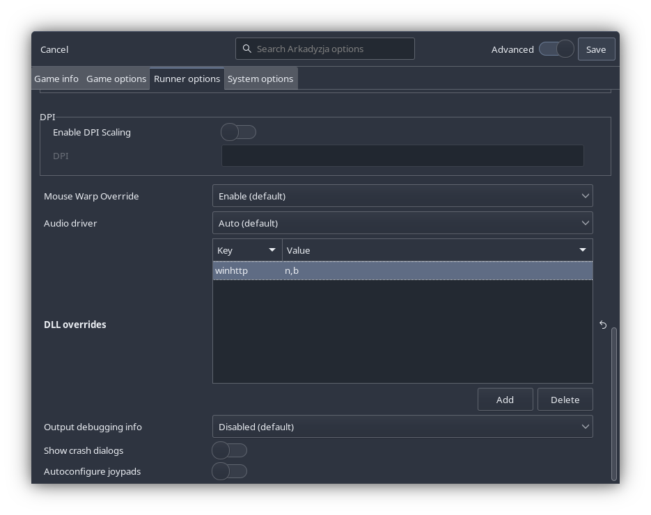 A screenshot of Lutris's Runner Options dialog.