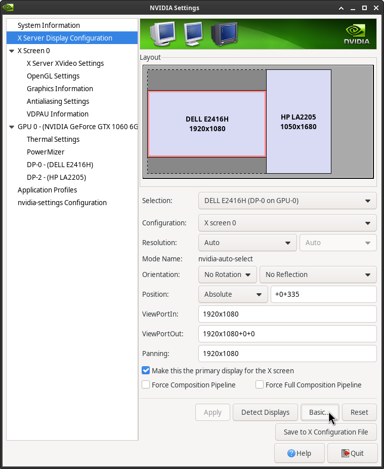 Screenshot of the NVidia settings dialogue.
